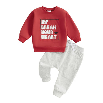 Baby Boy Fall Clothes Set Long Sleeve Letter Print Sweatshirt Pants Valentines Day Outfits 6 12 18 24 Months 2T (Red, 3-6 Months