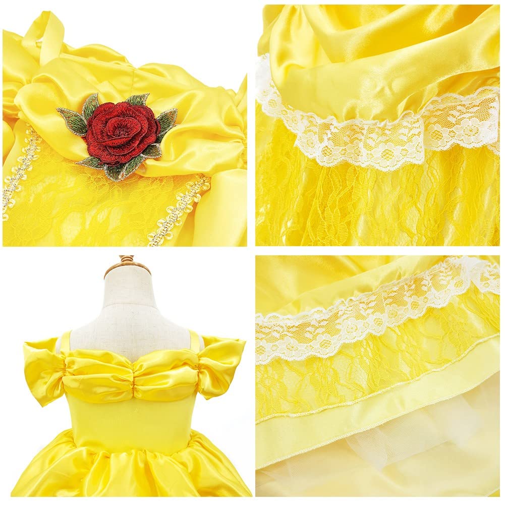 Fmyfwy Girls Belle Princess Rose Dress Beauty And Beast Costume Halloween Christmas Wedding Birthday Gown W/Accessories 3T