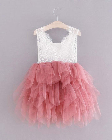 2Bunnies Girl Peony Lace Back A-Line Tiered Tutu Tulle Flower Girl Dress (Dusty Rose Sleeveless Short, 7-8Yrs)