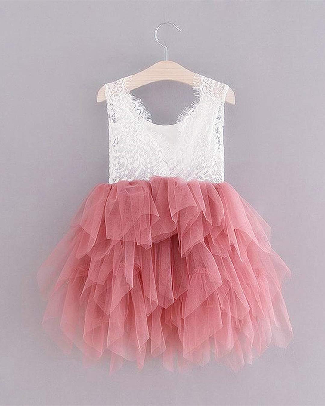 2Bunnies Girl Peony Lace Back A-Line Tiered Tutu Tulle Flower Girl Dress (Dusty Rose Sleeveless Short, 9-10Yrs)