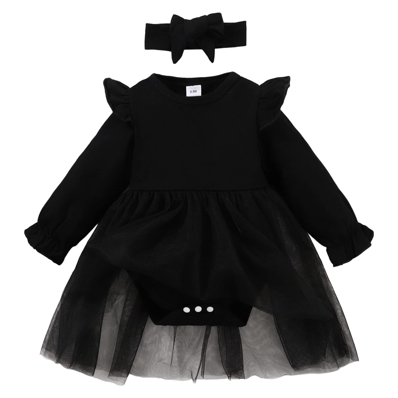 Sobowo Black Baby Girls' Lace Dress Bodysuit With Headband(0-3 Months, Black L)