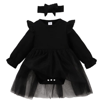 Sobowo Black Baby Girls' Lace Dress Bodysuit With Headband(0-3 Months, Black L)