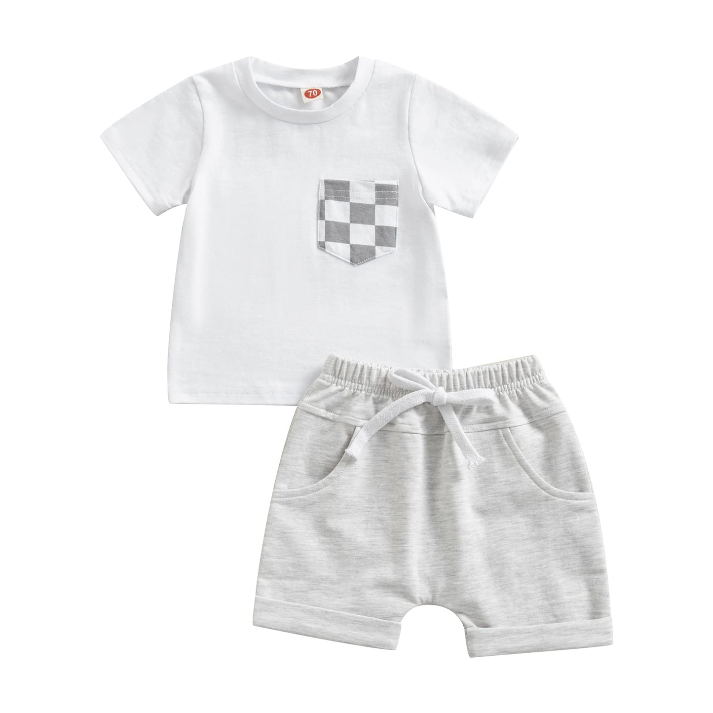 Adobabirl Toddler Baby Boy Summer Clothes Short Sleeve Plaid Pocket Tshirt Top Solid Shorts Set Casual Outfits (Checked Pocket-W