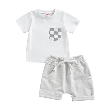 Adobabirl Toddler Baby Boy Summer Clothes Short Sleeve Plaid Pocket Tshirt Top Solid Shorts Set Casual Outfits (Checked Pocket-W