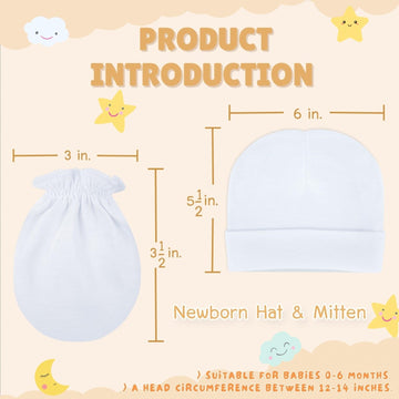 Rative Newborn Baby Mittens And Caps Set Cotton Gloves No Scratch Mittens For 0-6 Months Boys Girls (6White(Mittens+Caps))