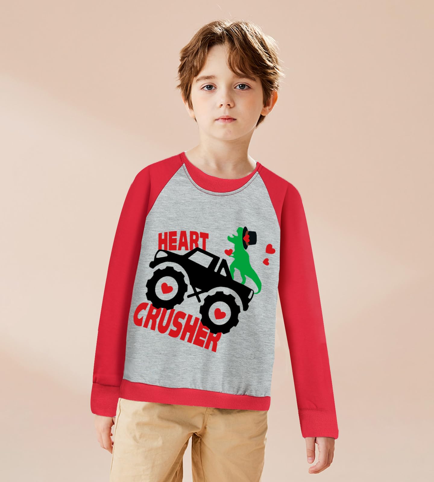 Kid Boy Valentine'S Day Pullover Dino Monster Truck Heart Crusher Toddler Sweatshirt Love Long Sleeve Shirts Top Outfit 6 Years