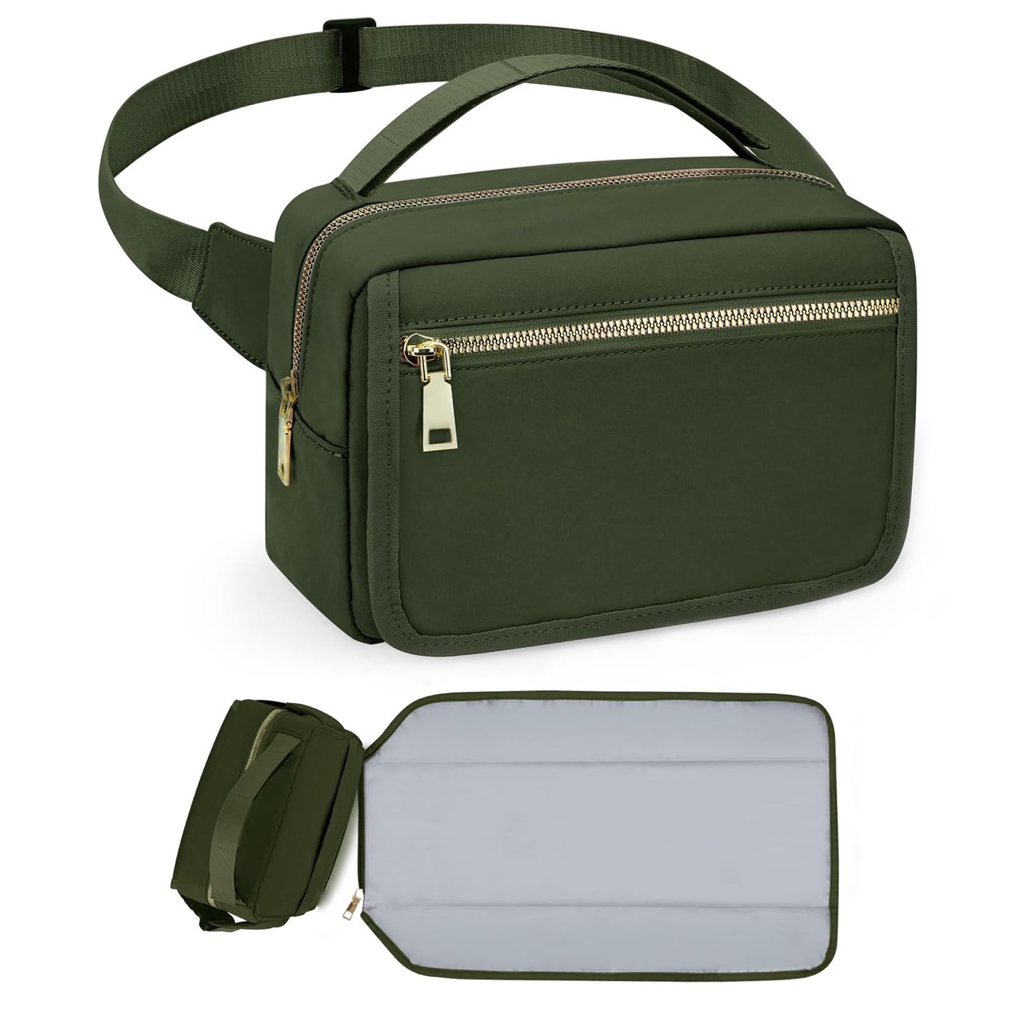 printe Small Diaper Bag with Portable Changing Pad, Crossbody Diaper Pack with Wipes Pocket, Women Waist Bag for Travel (Olive G