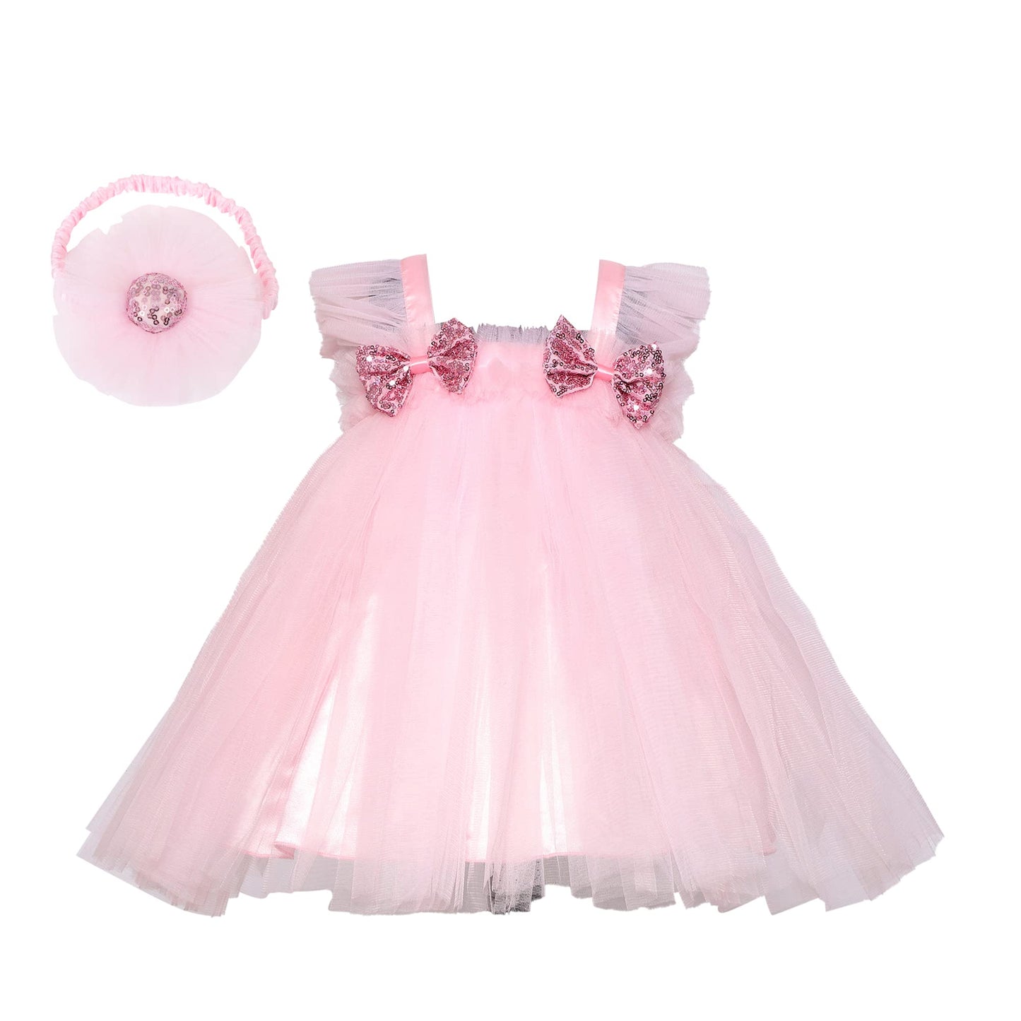 Pink Wings Baby Girl Net Tulle Knee Length Tutu Frock With Headband (23 Years, Pink)