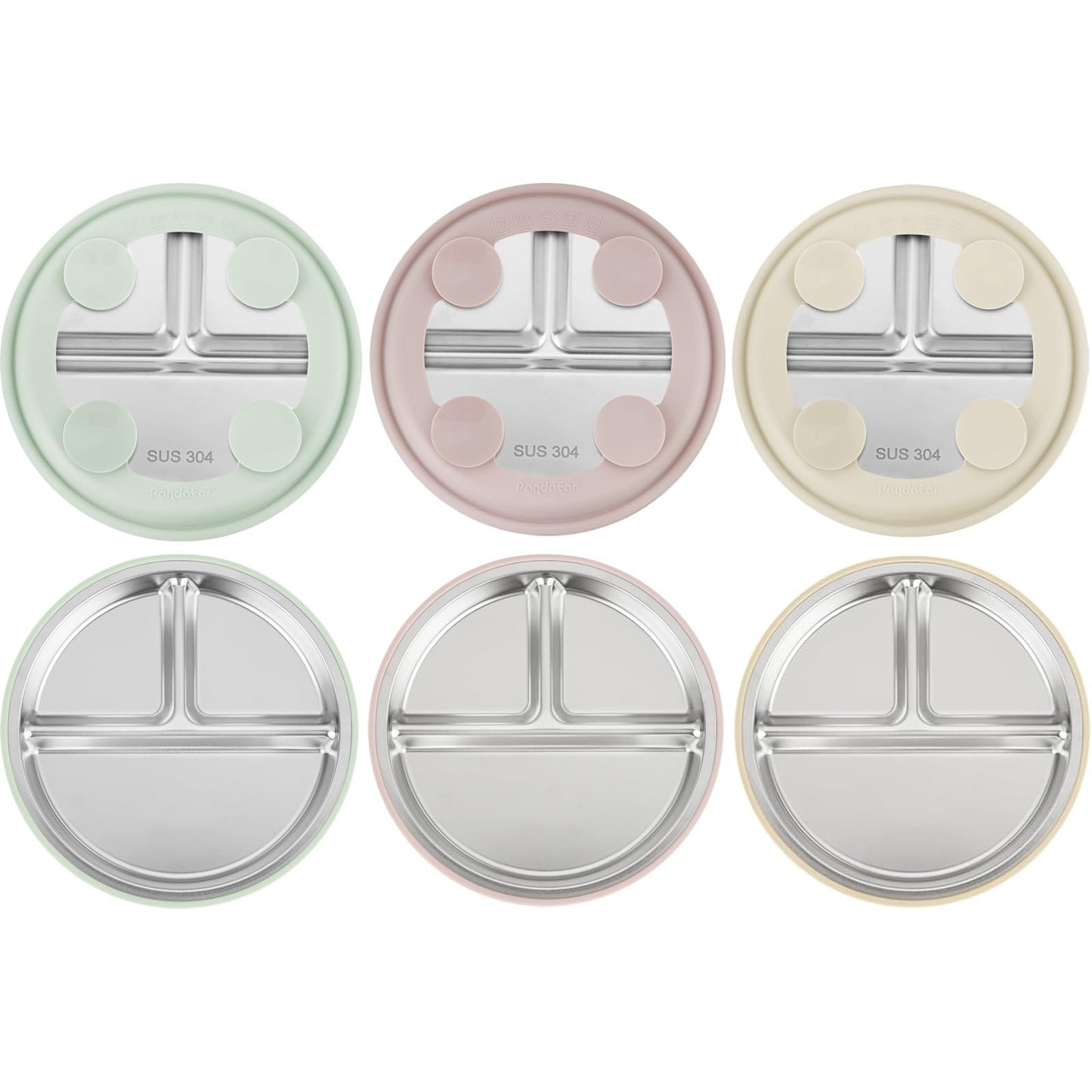 PandaEar 3 Pack Stainless Steel Toddler Plates with Suction, Divided Plates with Removable Silicone Sleeve for Babies & Toddlers