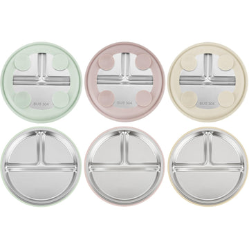 PandaEar 3 Pack Stainless Steel Toddler Plates with Suction, Divided Plates with Removable Silicone Sleeve for Babies & Toddlers