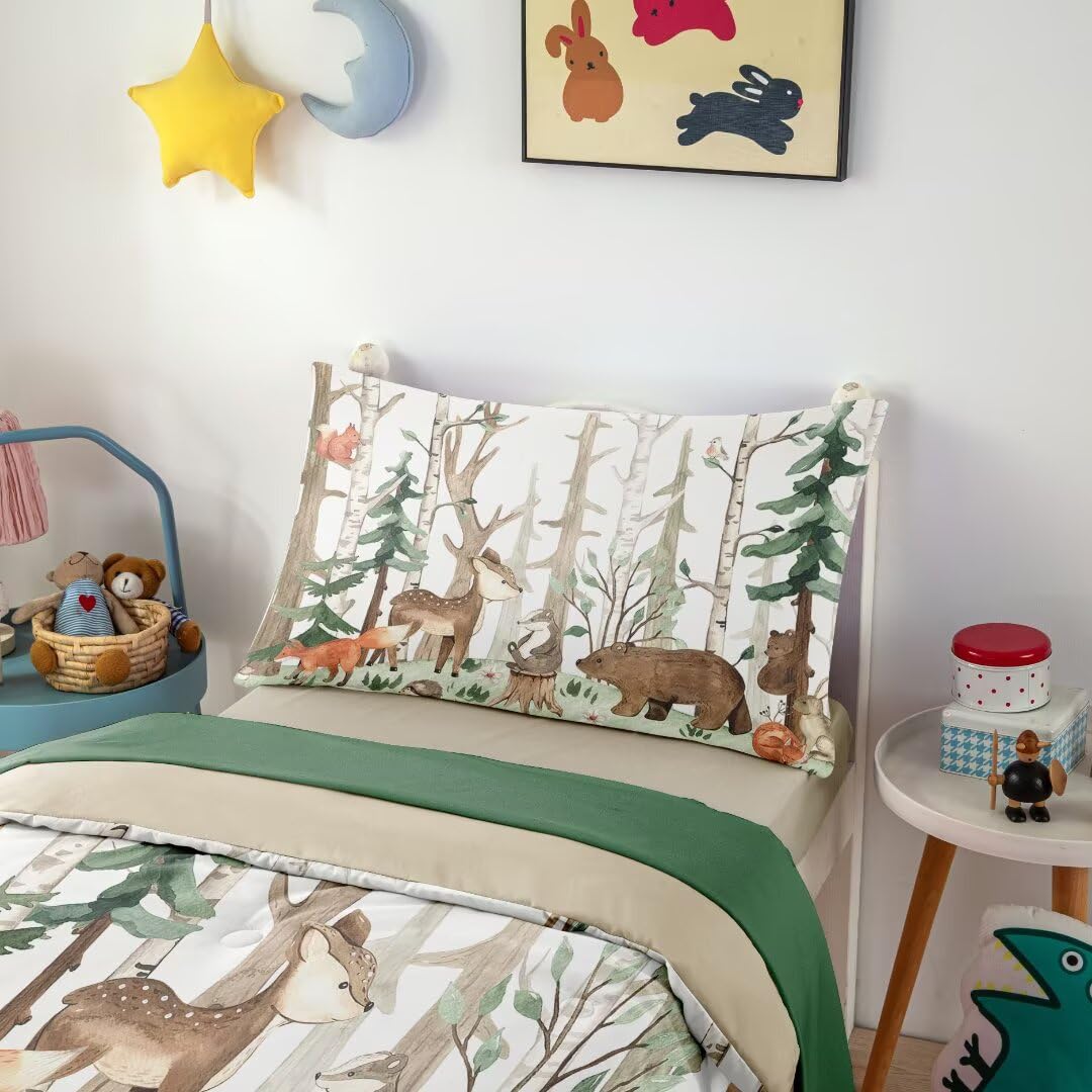 Ckou Ccoo 4 Pieces Woodland Animal Toddler Bedding Set, Forest Deer Bear Bed Comforter Setfor Baby Boys Girls, Cute Toddler Quil