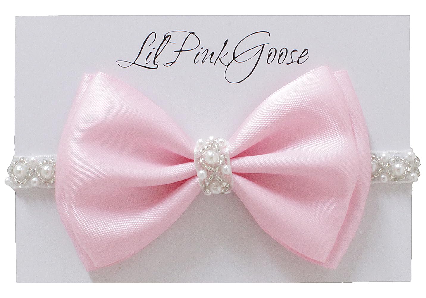 0-12 Newborn Baby Baptism Pearl Headband With Bow In White Christening Headband With Satin Bow, Pearl Rhinestone Band (Pink(3-6M