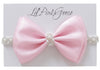 0-12 Newborn Baby Baptism Pearl Headband With Bow In White Christening Headband With Satin Bow, Pearl Rhinestone Band (Pink(0-3M