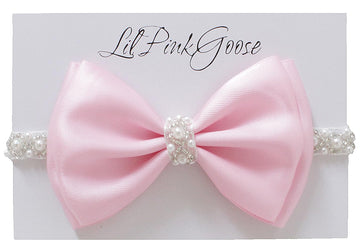 0-12 Newborn Baby Baptism Pearl Headband With Bow In White Christening Headband With Satin Bow, Pearl Rhinestone Band (Pink(0-3M