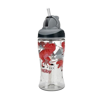 Nuby Thirsty Kids No Spill Flip-It Boost Tritan Travel Cup With Soft Silicone Straw, 12 Oz, T-Rex