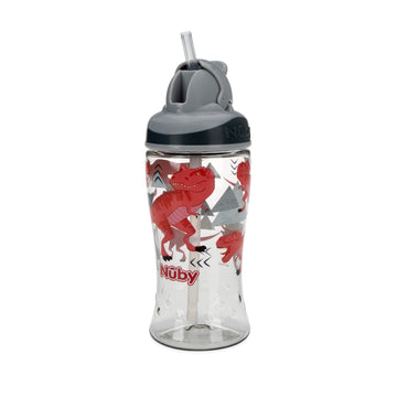 Nuby Thirsty Kids No Spill Flip-It Boost Tritan Travel Cup With Soft Silicone Straw, 12 Oz, T-Rex