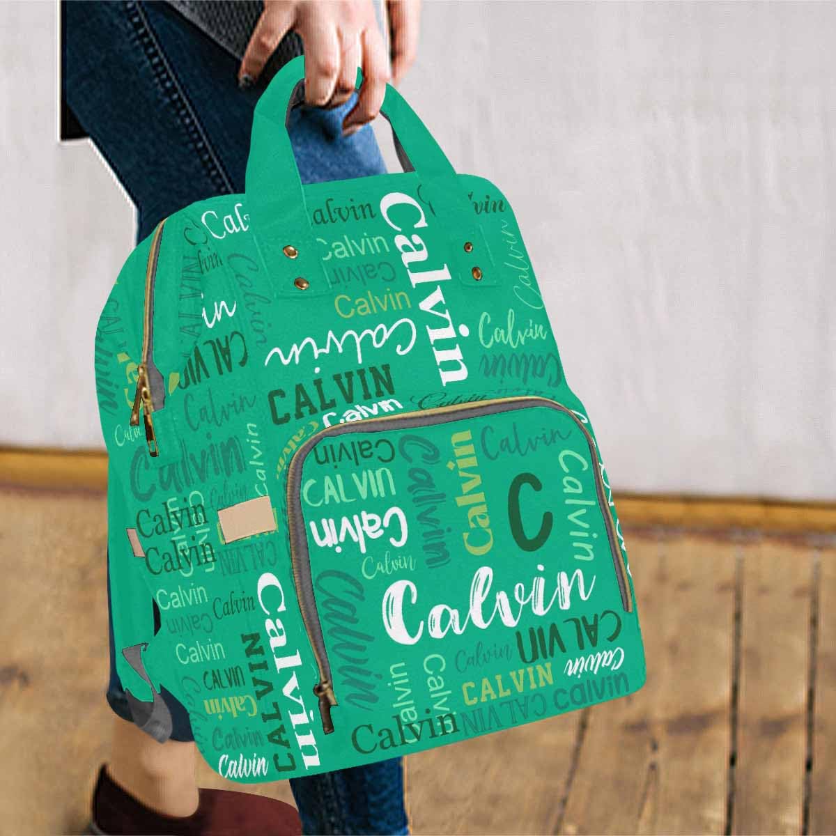 Personalized Text Diaper Backpack, Different Font Name Text Logo Green Custom Diaper Bag Mummy Nursing Baby Bag Casual Travel Da