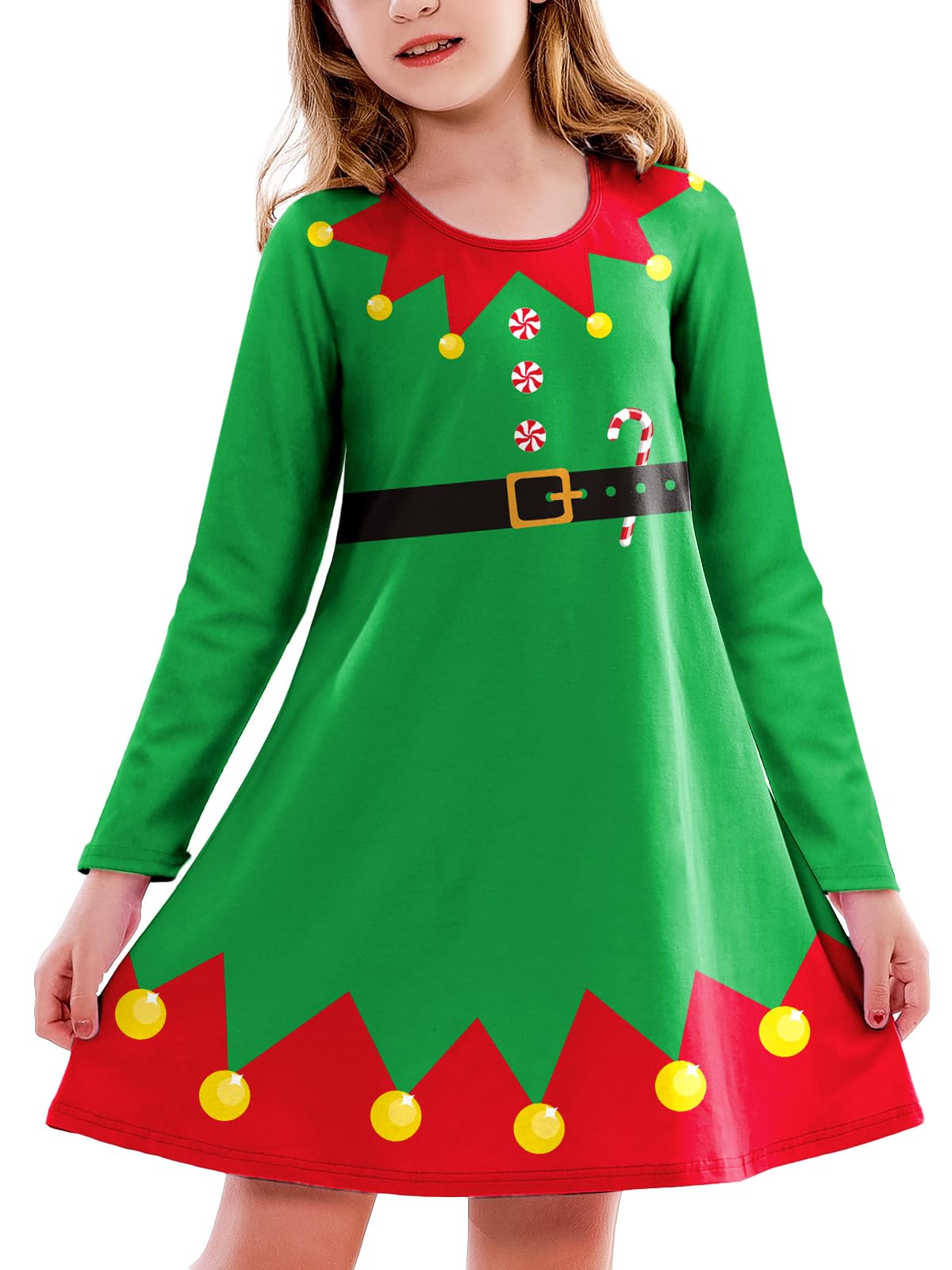 Kids Christmas Long Sleeve Dress Girls Cute Elf Outfits Xmas Party Green Aline Dresses 7-8 Years