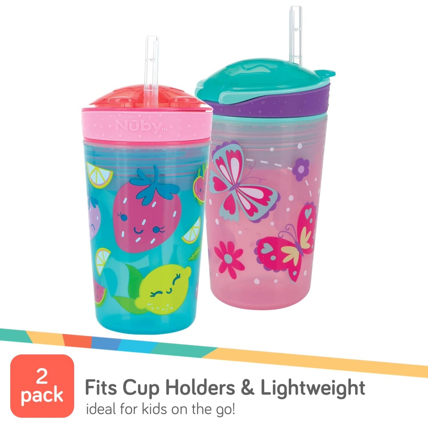 Nuby All In One Snack Bowl And No Spill Soft Straw Cup - 2 Pack Pink Butterflies & Aqua Fruits - Snack N' Sip, Holds: 4.5 Oz Con
