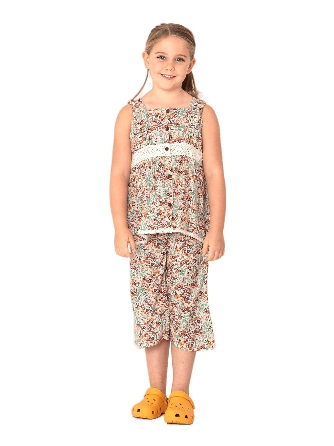 Cherry Crumble Cream Multicolor Floral Print Rayon Cotton Sleeveless Girls Casual Ruffled Summer Comfy Sleepwear/PJ Set/Pyjama S