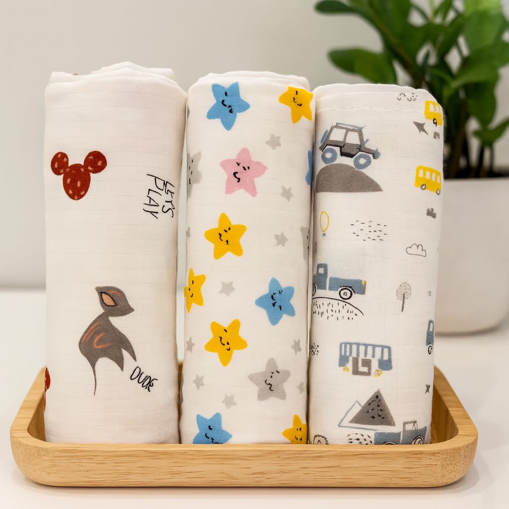 Mini Wonders Muslin Swaddle Set Of 3 For Newborns | 100% Cotton Baby Swaddles | Soft & Breathable | Ideal For 06 Months Babies 