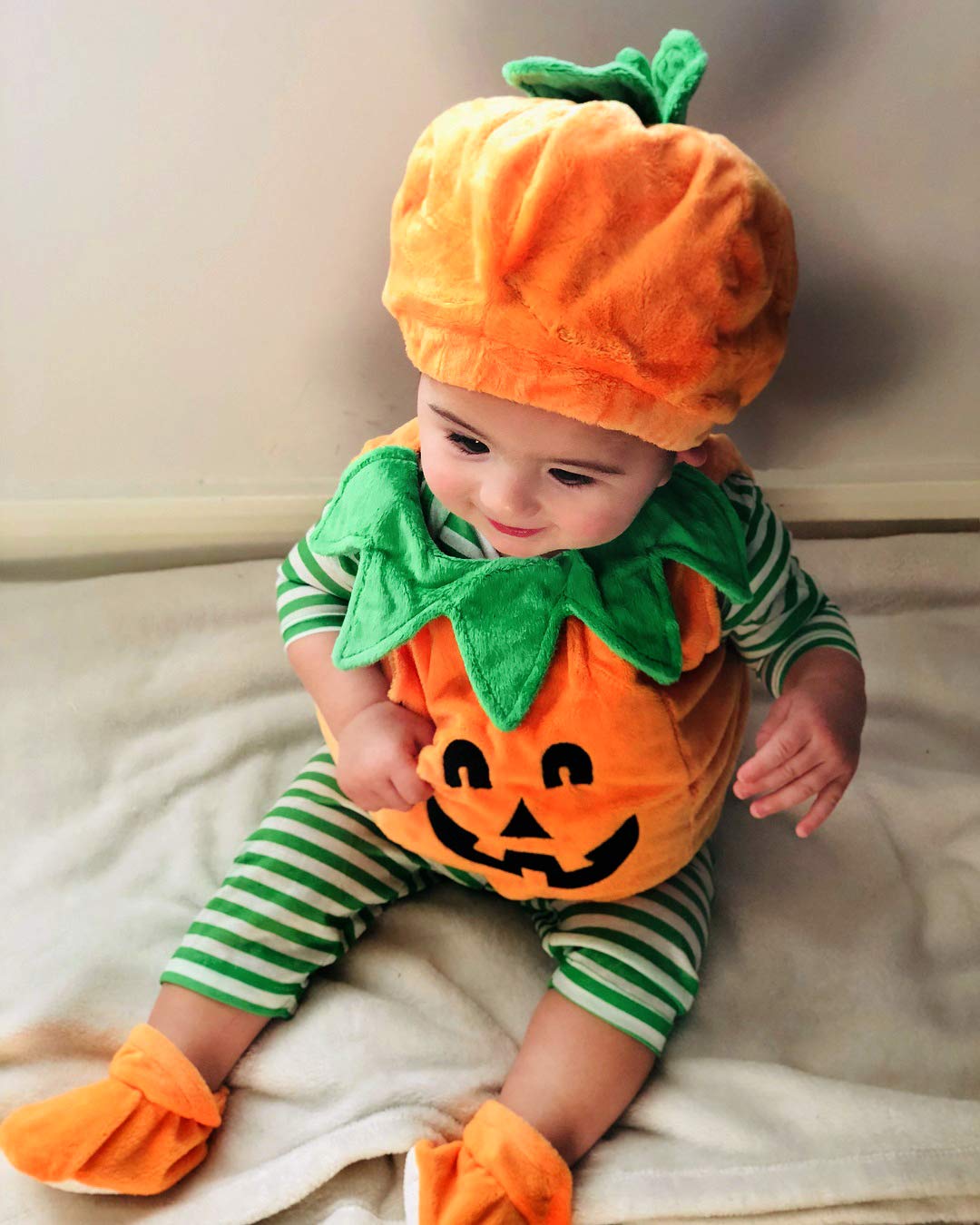 Bagilaanoe Toddler Baby Boy Girl Halloween Outfit Pumpkin Bodysuit Halloween Costumes Romper Tops Hat Footies (A-Orange, 6-12 Mo
