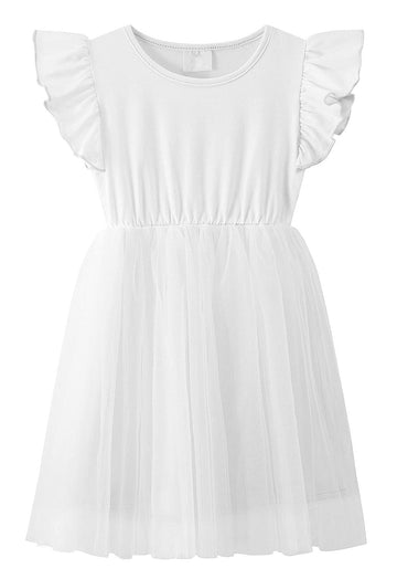 Lyxiof Girls Tutu Dress Casual Tulle Summer Solid Color Ruffle Sleeve Dress White 90Cm