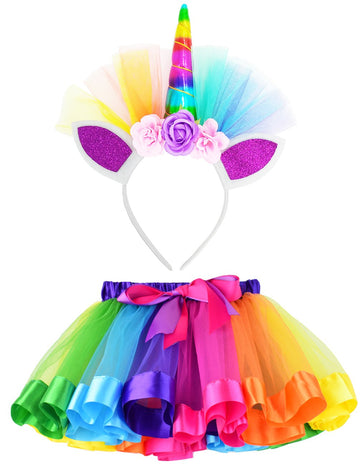 Lylkd Little Girls Layered Rainbow Tutu Skirts With Unicorn Horn Headband