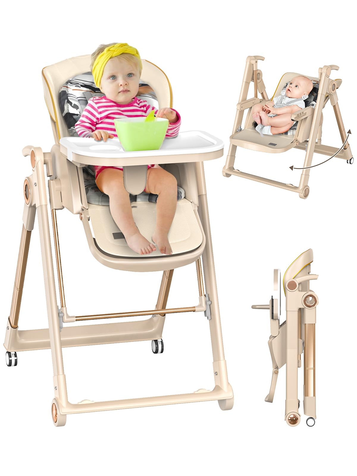 Baby High Chair and Baby Swing, Portable Highchairs for Babies and Toddlers, Foldable High Chair with Wheels, Folding High Chair