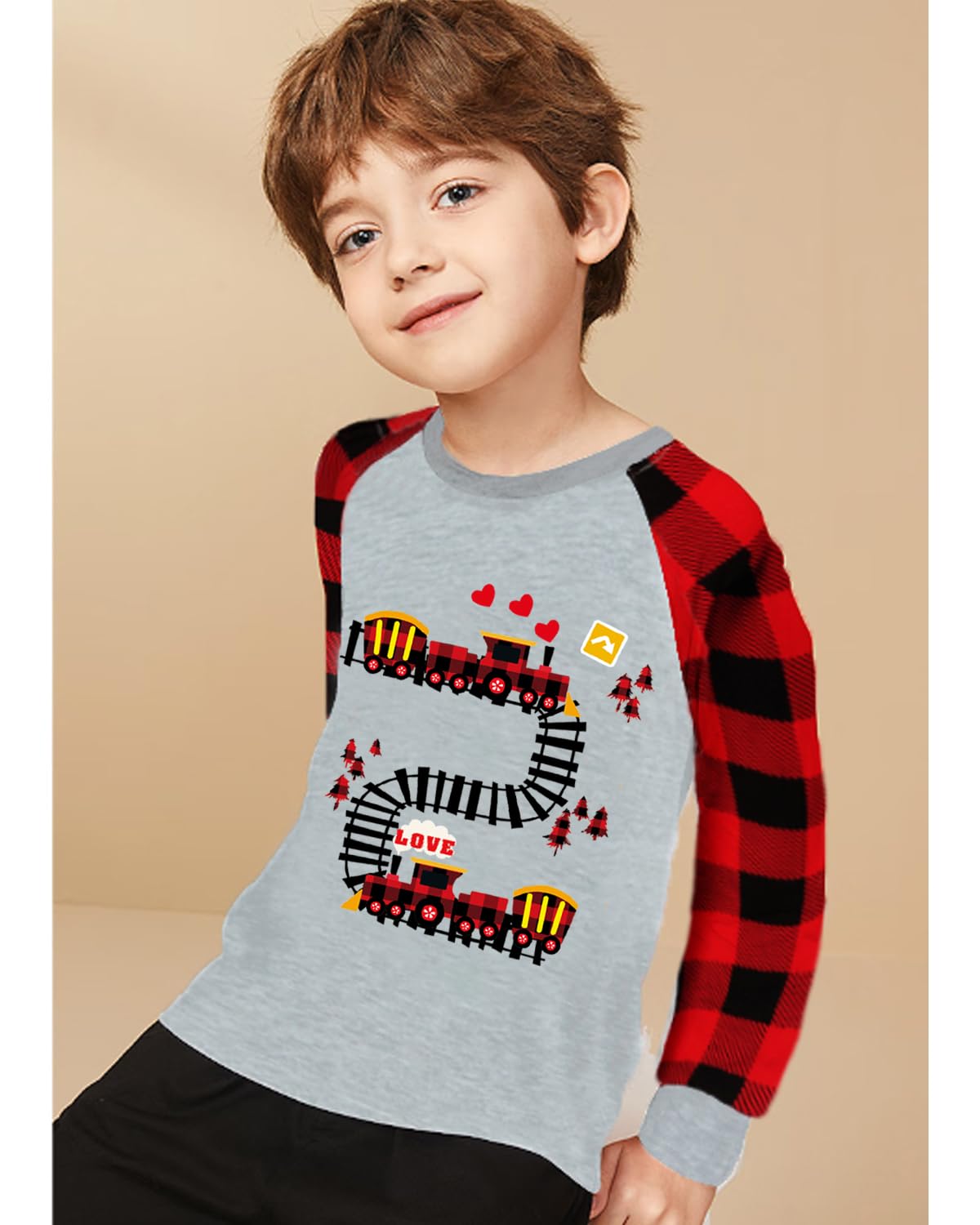 Valentine'S Day Train Shirt For Toddler Boy Girl Love Train Clothes Buffalo Red Plaid Heart Raglan Sleeve Kids Tee Tops 7T