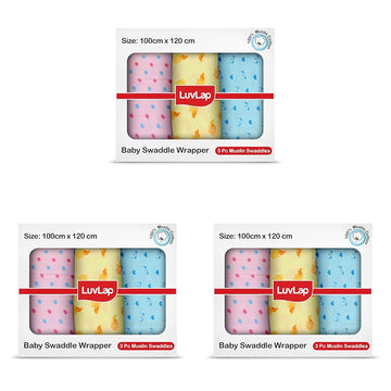 LuvLap 100% Cotton Muslin Baby Swaddle Set, Baby Towel, Size120cm x 100cm (47x39), Dots Hearts Print, 018 Month+, Printed Mu