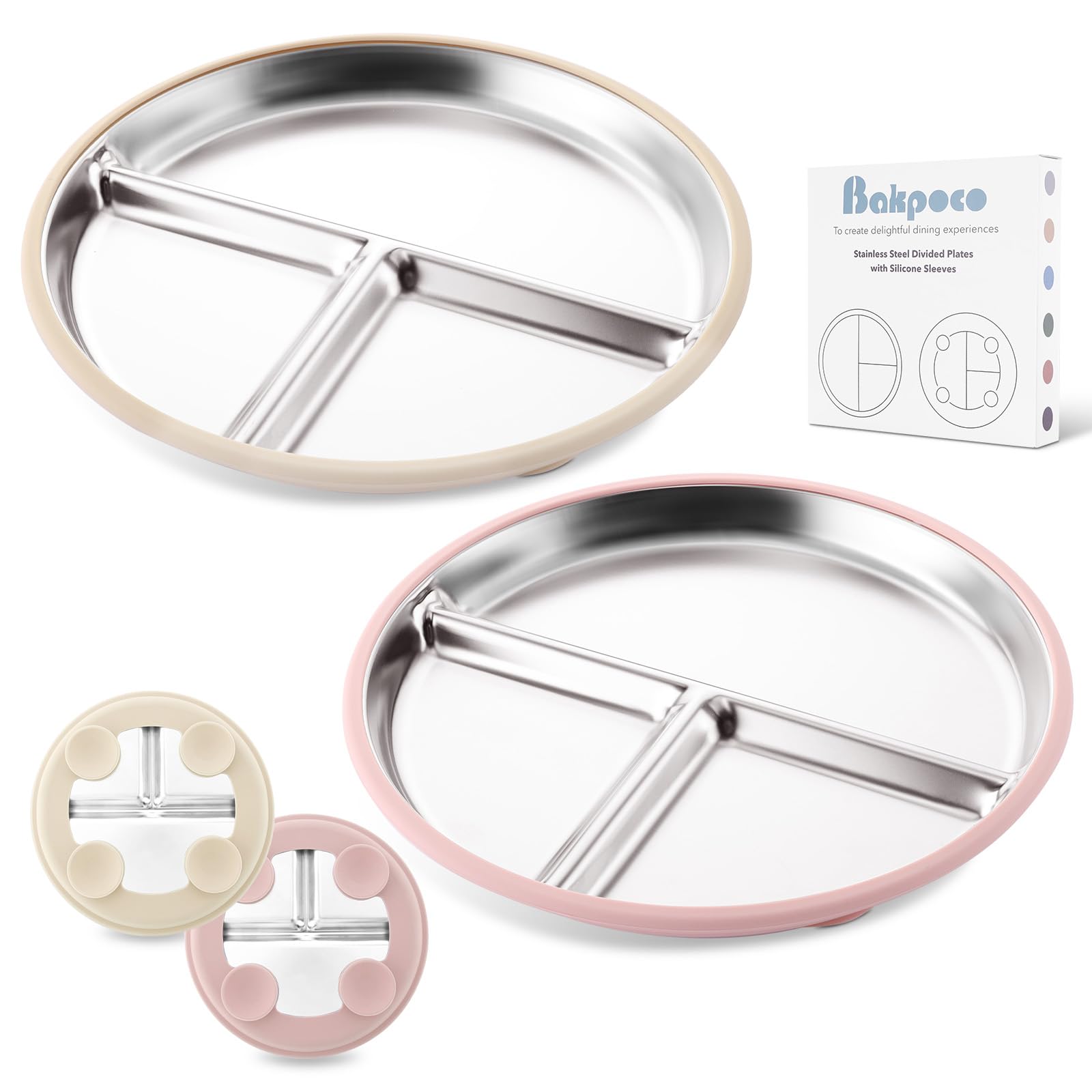 Bakpoco Stainless Steel Baby Plate with Suction, 8    Divided Toddler Plates with Removable Silicone Sleeves for Kids, Non-Toxic
