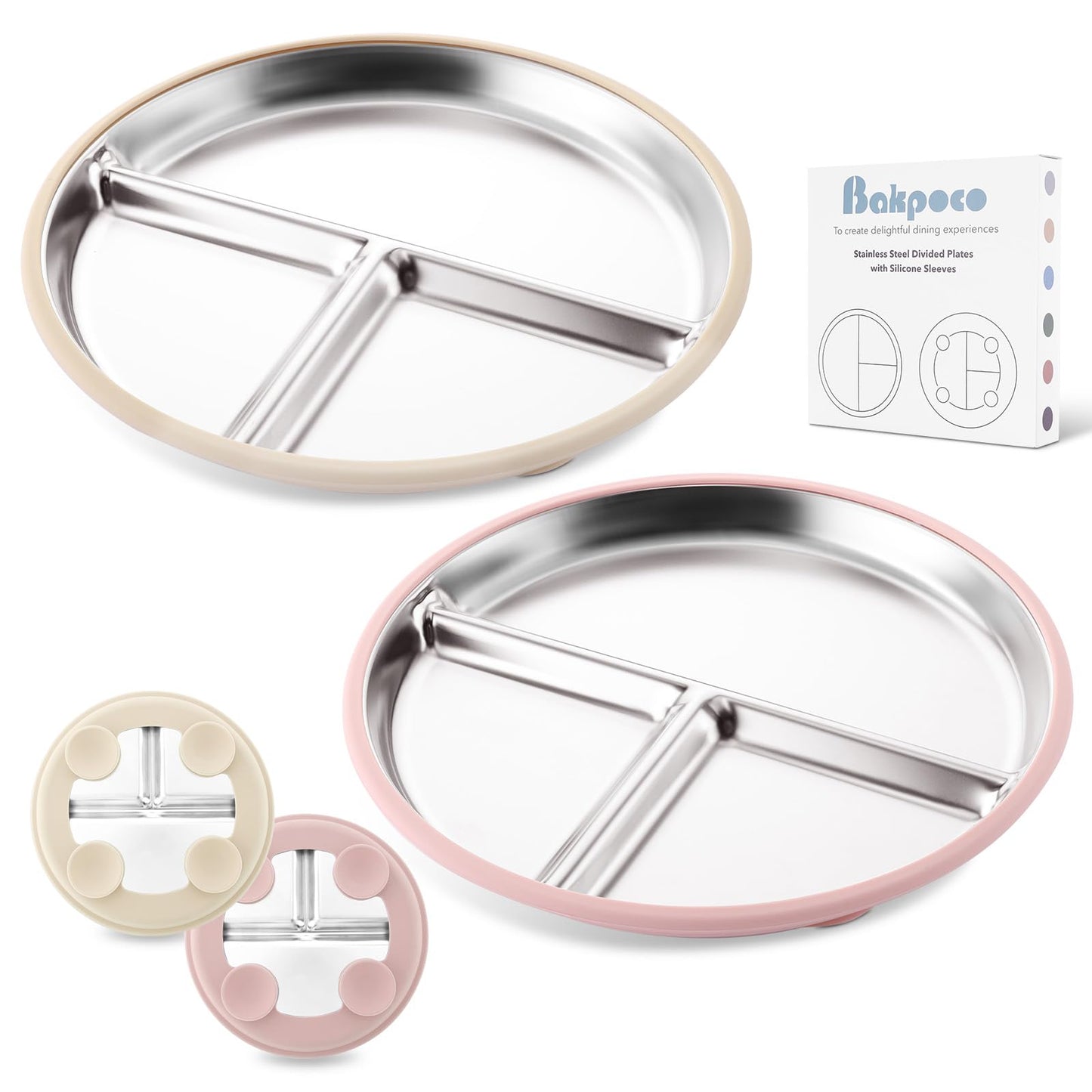 Bakpoco Stainless Steel Baby Plate with Suction, 9    Divided Toddler Plates with Removable Silicone Sleeves for Kids, Non-Toxic