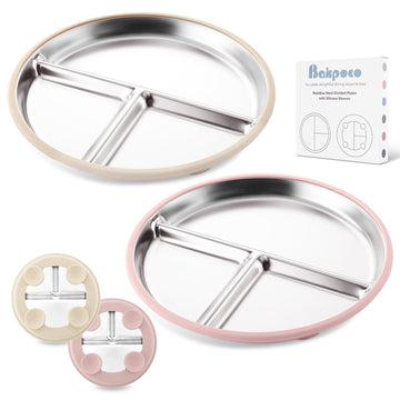 Bakpoco Stainless Steel Baby Plate with Suction, 9    Divided Toddler Plates with Removable Silicone Sleeves for Kids, Non-Toxic