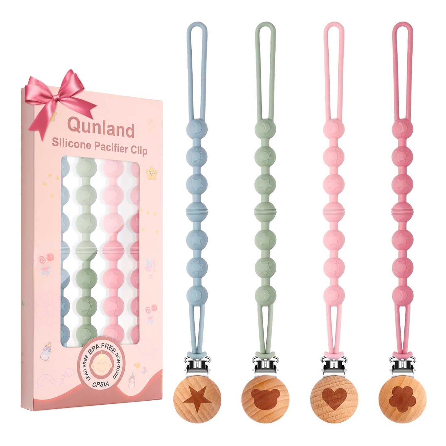 Silicone Pacifier Clip Holder for Baby Girls Boys, Christmas Birthday Gifts 4-Pack One-Piece Soft Flexible Binky Clips Holder wi