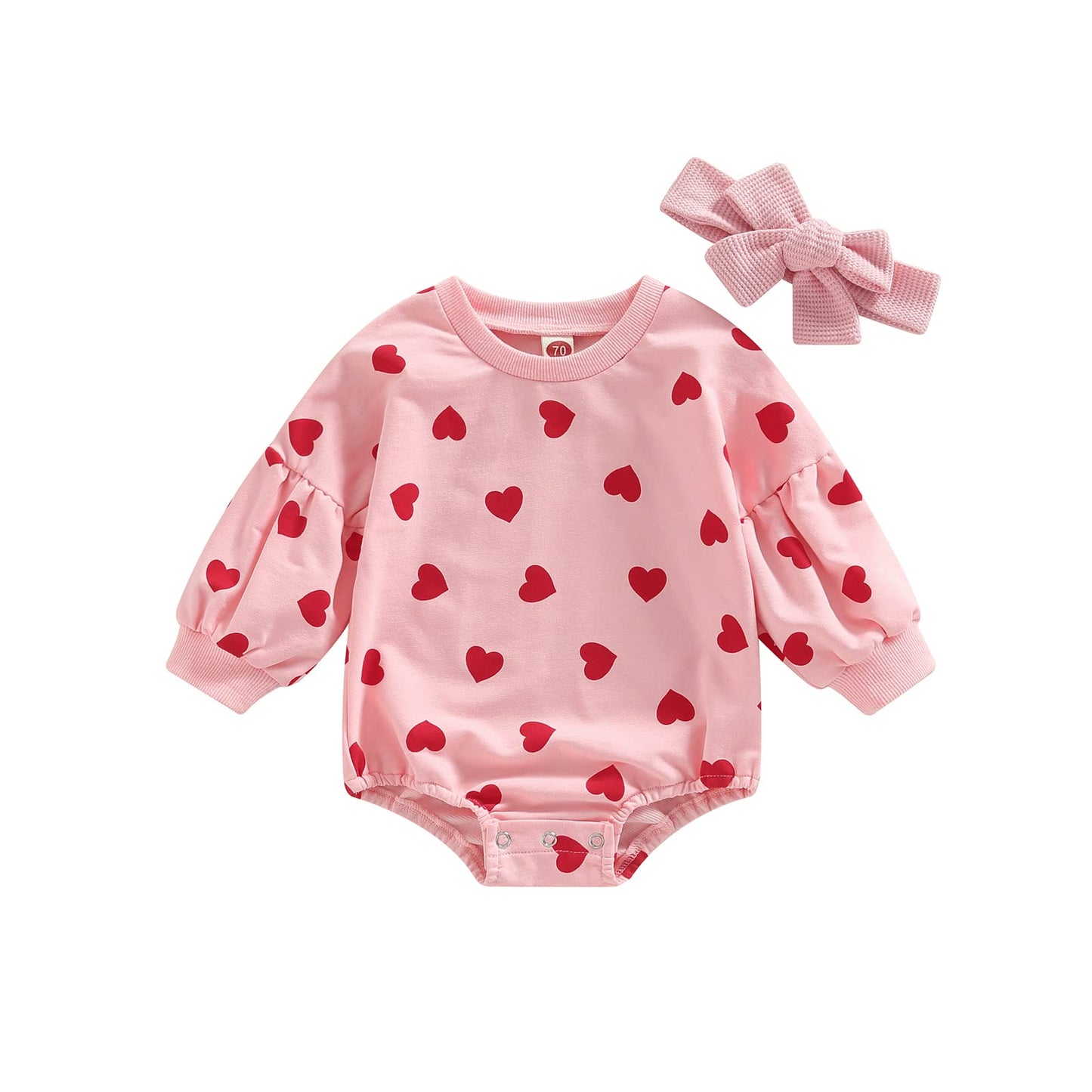Engofs Newborn Baby Girl Boy Valentine'S Day Outfit Long Sleeve Hearts Sweatshirt Romper With Headband Fall Winter Clothes Pink