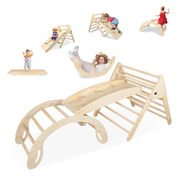 Pikler Triangle Toddler Climbing Toys Set, 5 in 1 Foldable Indoor Triangle Set with Triangle Ladder, Climbing Ramp, Arch Climber