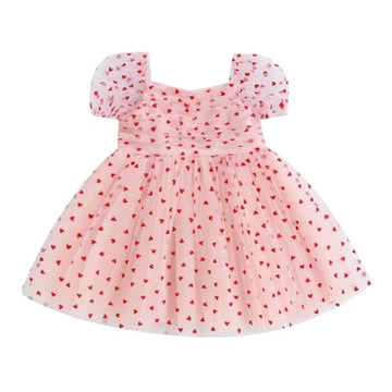 Sister Matching Clothes Baby Girls Valentines Day Romper Dress Heart Print Puff Sleeve Tulle Dress Birthday Outfits (Pink C,3-4T