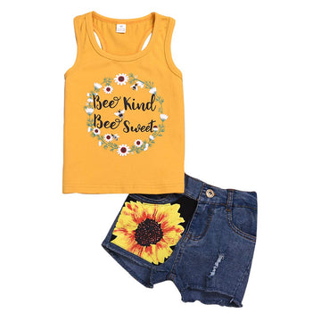 2Pcs/Set Toddler Kids Baby Girl Sleeveless Floral T-Shirt Top Sunflower Denim Jeans Shorts Outfits 1-8T (Yellow, 7-8 Years Old)