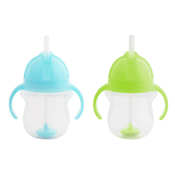 Munchkin Any Angle Weighted Straw Trainer Cup With Click Lock Lid, 7 Ounce, 2 Count (Pack Of 1), Blue/Green, 17349