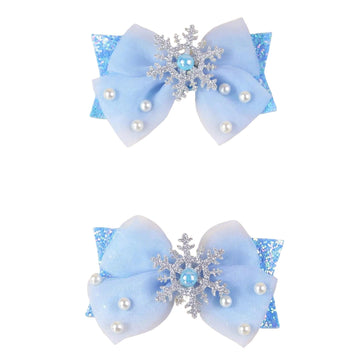 2PCS Baby Girl Dog Gift Wrap Hair Bow Clips Barrettes Blue Glitter Hair Bow Clips with Snowflake and Pearl Embellishments Assort