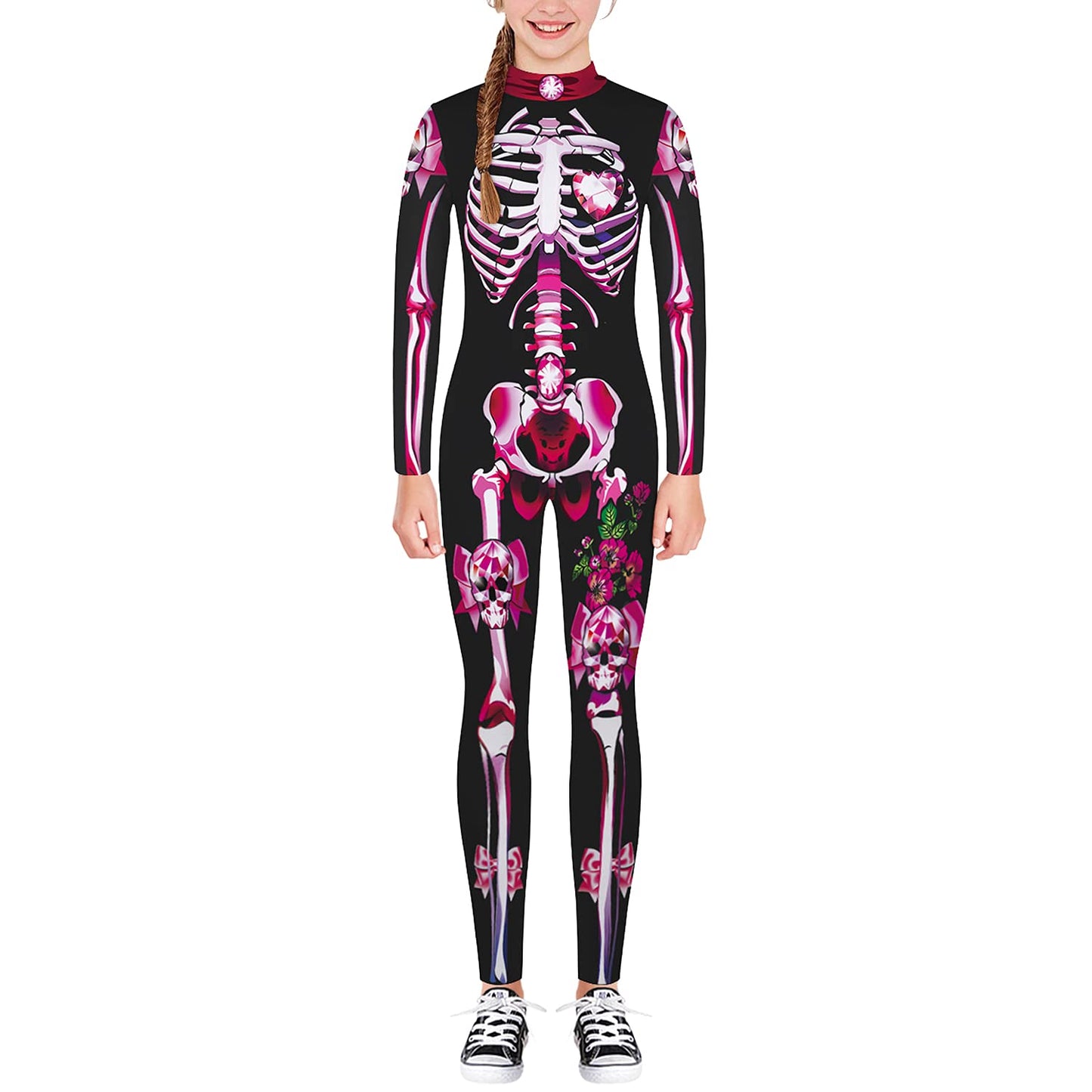 Remimi Girls Skeleton Skin Costume Zipper Halloween Bone Skull Jumpsuit Onesies Pink 9-10 Years