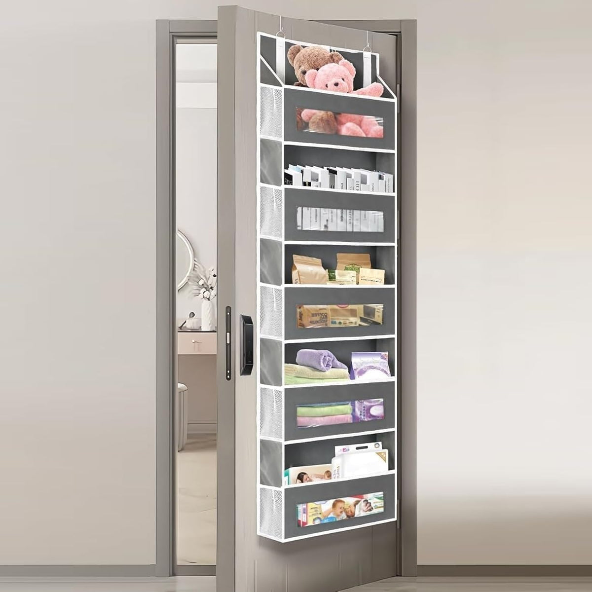 LXTUROS Over The Door Organizer Storage, 5 Shelf Hanging Door Organizer with 5 Large Capacity Pockets, Anti Tilt 44 lb Load Behi