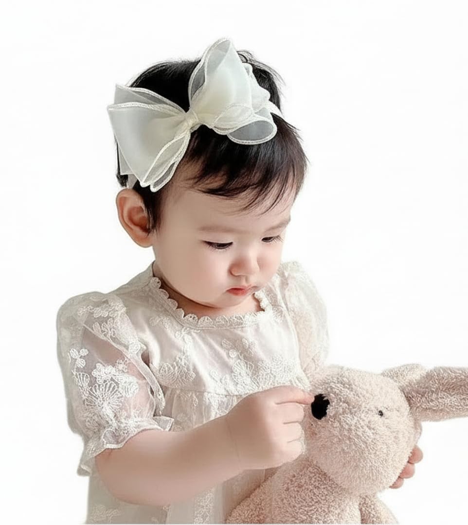 Evonest OffWhite Bow Applique Headband | Classic & Stylish Baby Girls (612M) Hair Band Hair Accessory (Off White)