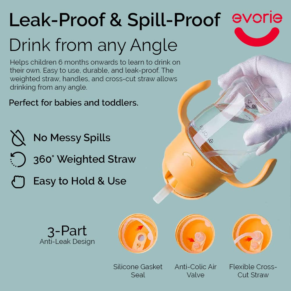 Evorie Tritan Weighted Straw Sippy Cup With Handles For Baby And Toddlers 6 Months Up, 7 Oz Soft Silicone Straw First Infant Tra
