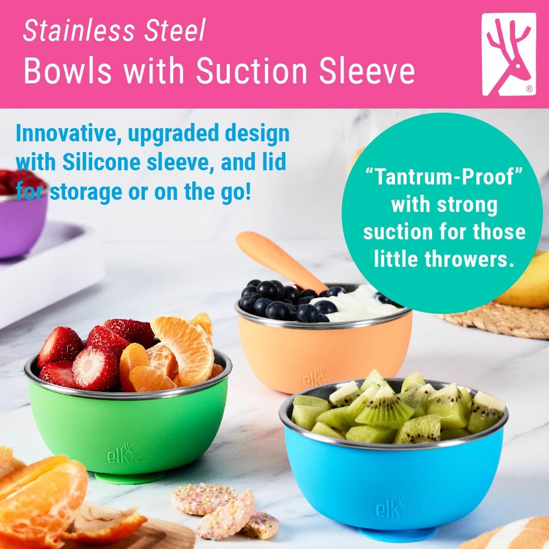 Elk And Friends Stainless Steel Bowls With Silicone Sleeve For Babies & Toddlers | Lids Included | Stay Put Suction | Cereal & S