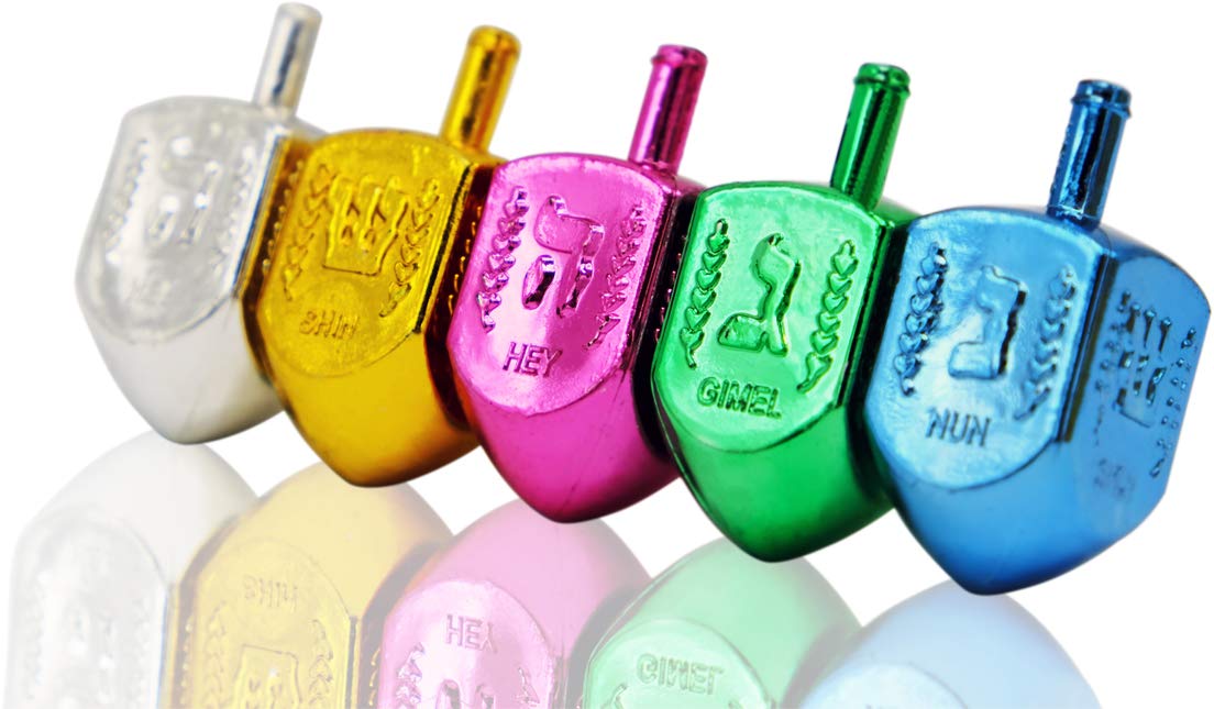 The Dreidel Company Metallic Multi-Colored Dreidels For Hanukkah With English Translation, Spinning Tops Includes Game Instructi