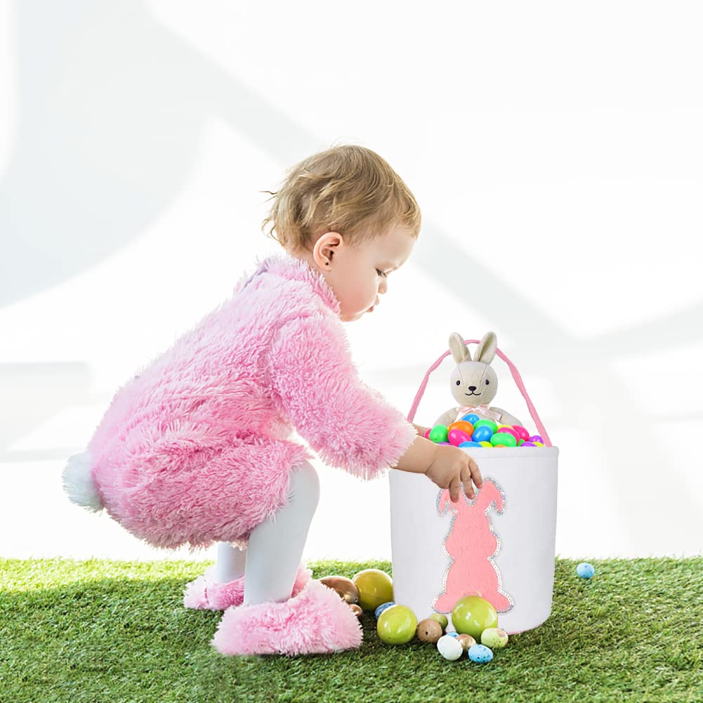 2Pack Easter Bunny Basket Bags For Kids, Canvas Cute Easter Bucket Bags With Glitter Rabbit For Kids Easter Eggs Hunting Party D