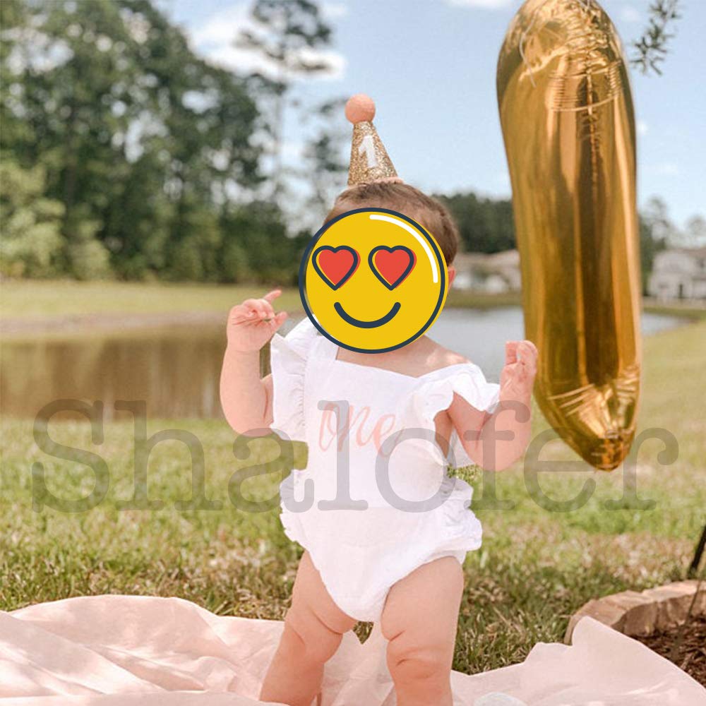 Shalofer Baby Girls One Year Old Outfits First Birthday Romper Cute Backless Ruffles Jumpsuit With Headband (White,6-12 Months)