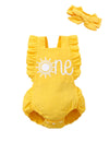 Shalofer Baby Girls One Year Old Outfits First Birthday Romper Cute Backless Ruffles Jumpsuit With Headband (Yellow-Sun,18-24 Mo